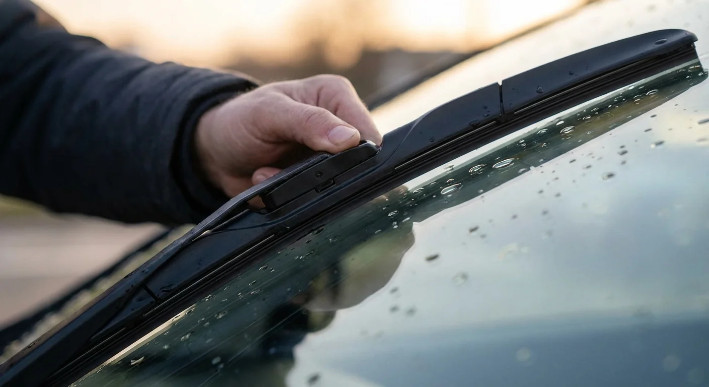 A hand attaching a new wiper blade to a car's windshield arm.