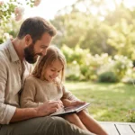 A father and daughter look at a tablet together on a sunny porch, symbolizing financial planning for the future.