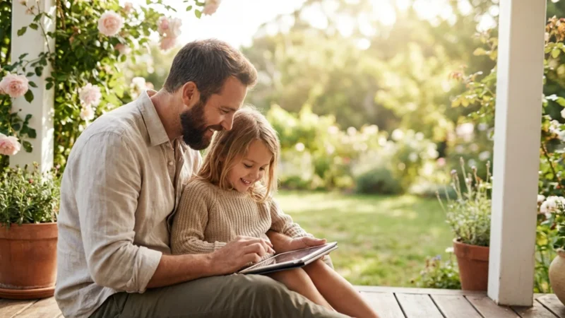A father and daughter look at a tablet together on a sunny porch, symbolizing financial planning for the future.