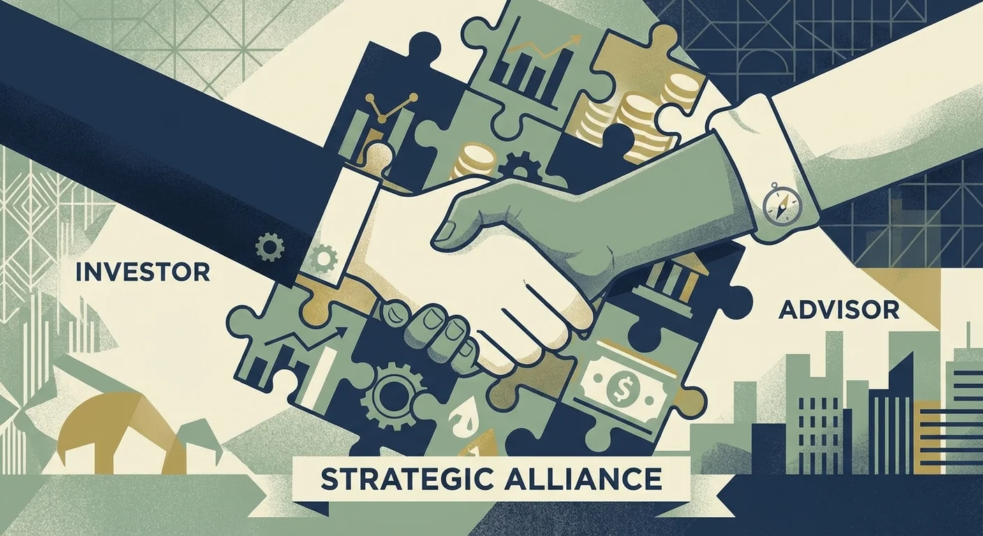 Two hands shaking over a complex financial puzzle.