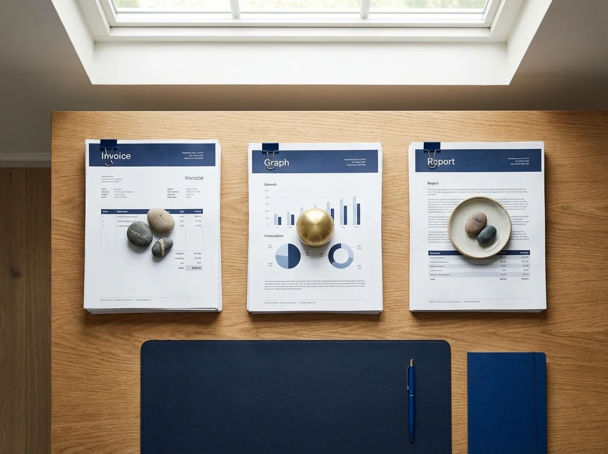 Top-down view of organized financial documents on a wooden desk.