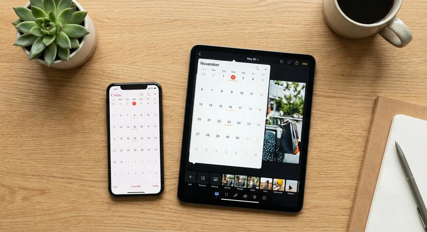 A smartphone and a tablet placed neatly side-by-side on a light wood table.