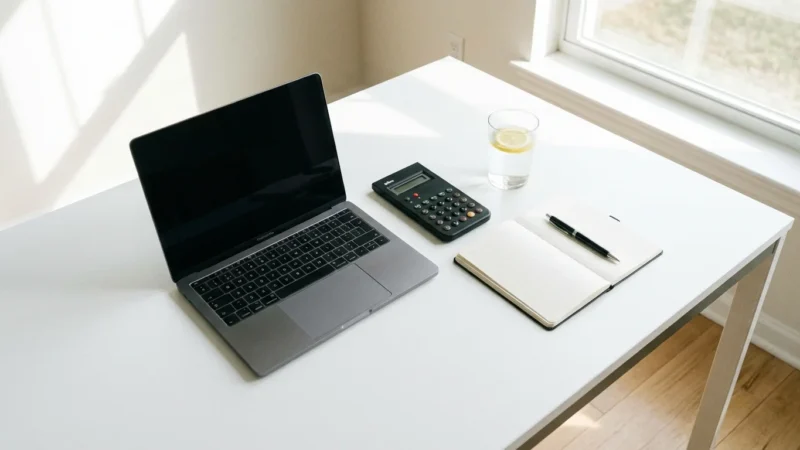 A couple reviewing financial data on a tablet in a bright kitchen with housing options visible through the window.