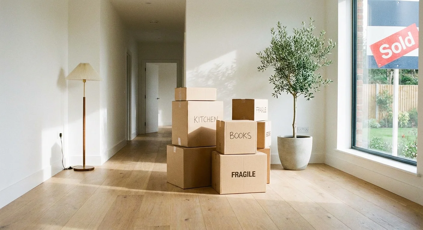 Moving boxes in a sunlit home hallway with a sold sign in the background.