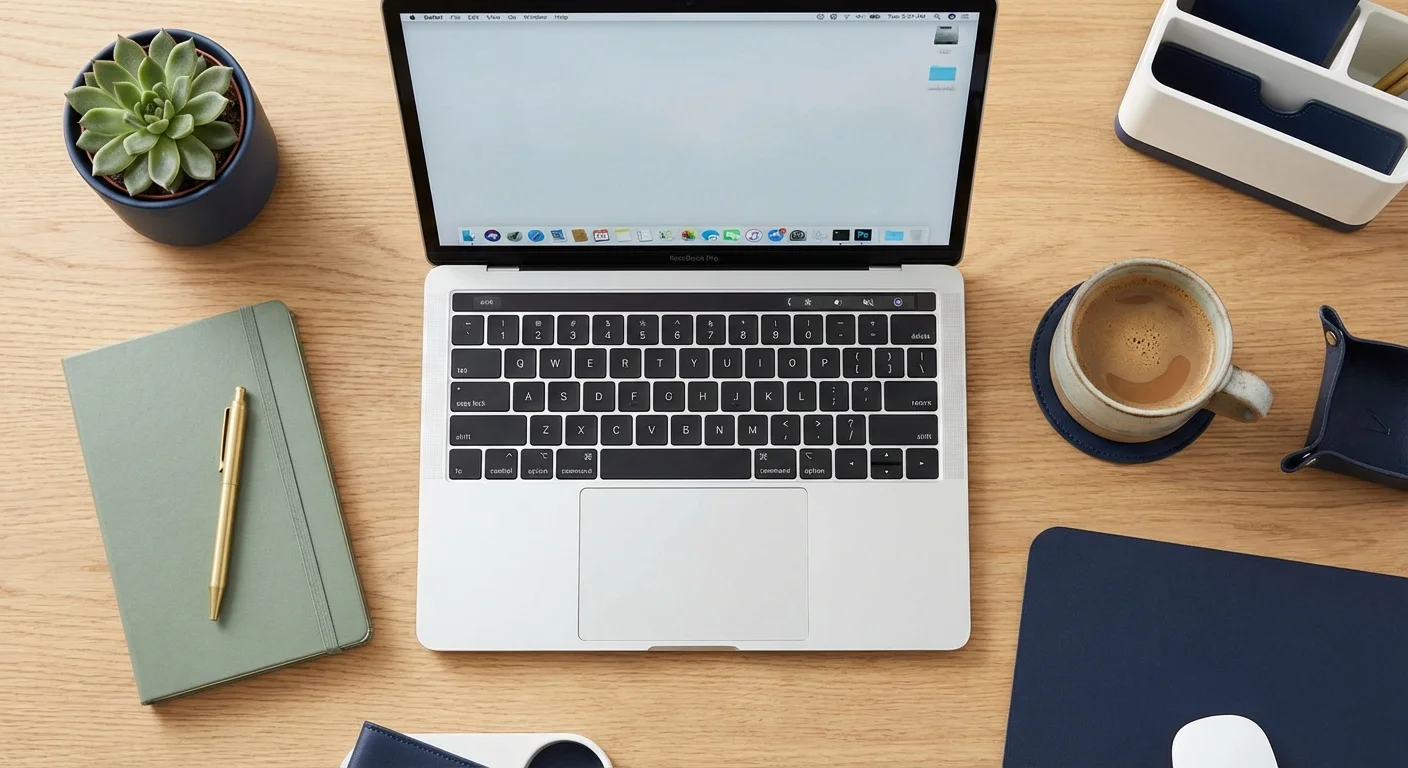 A top-down view of an organized desk with a laptop, notebook, and coffee mug.