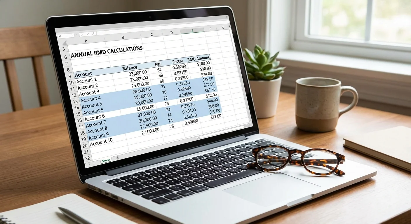 A laptop showing a financial spreadsheet with glasses resting on the keyboard.