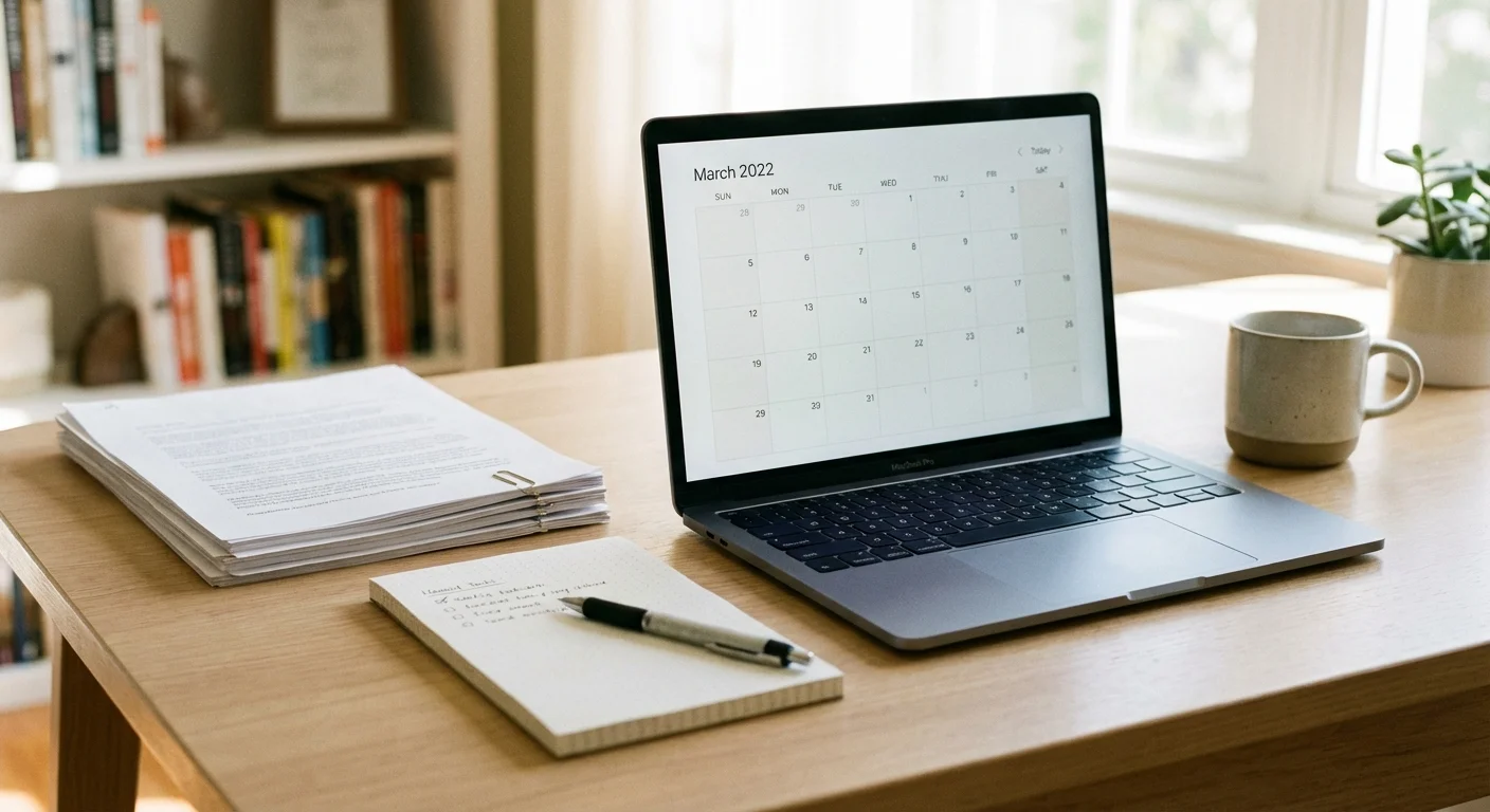 An organized home office desk with a laptop and documents.