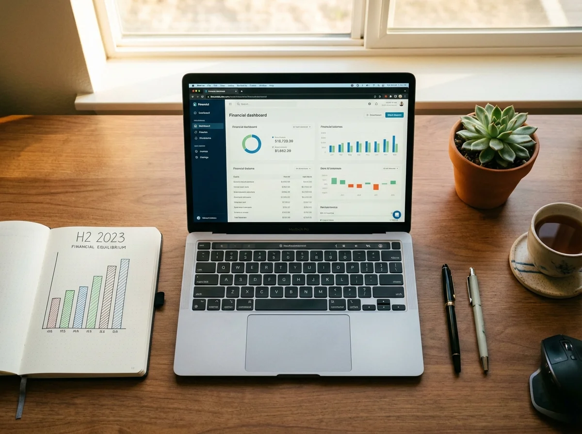 An organized desk with a notebook showing a chart, representing financial balance.