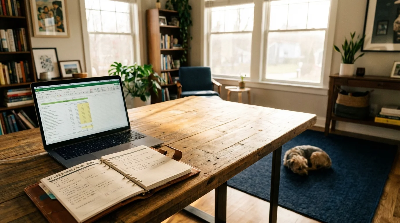 A permanent home office setup with a financial planner and a dog sleeping in the background.