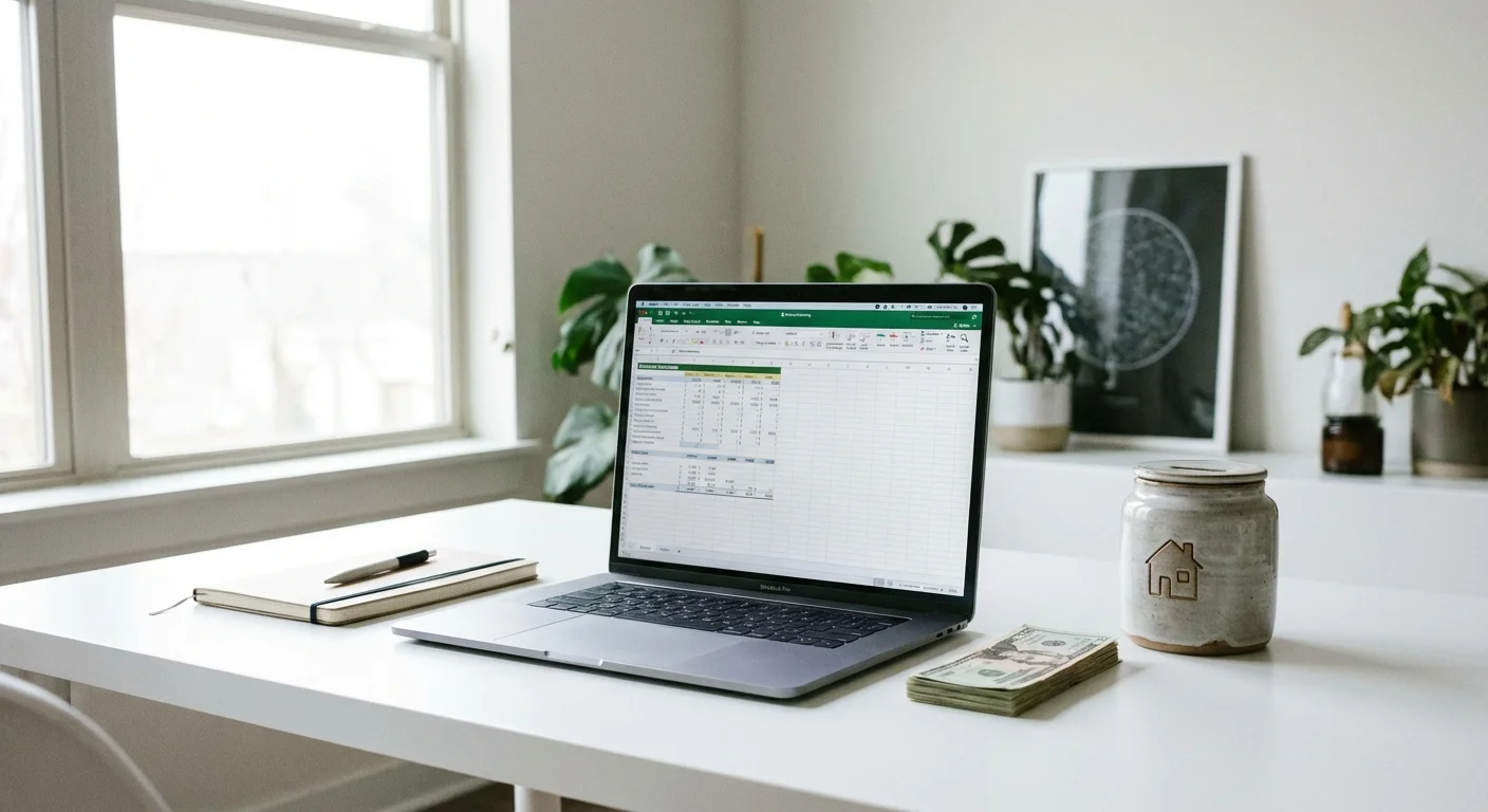 A clean workspace with a laptop and a small stack of cash for a down payment.