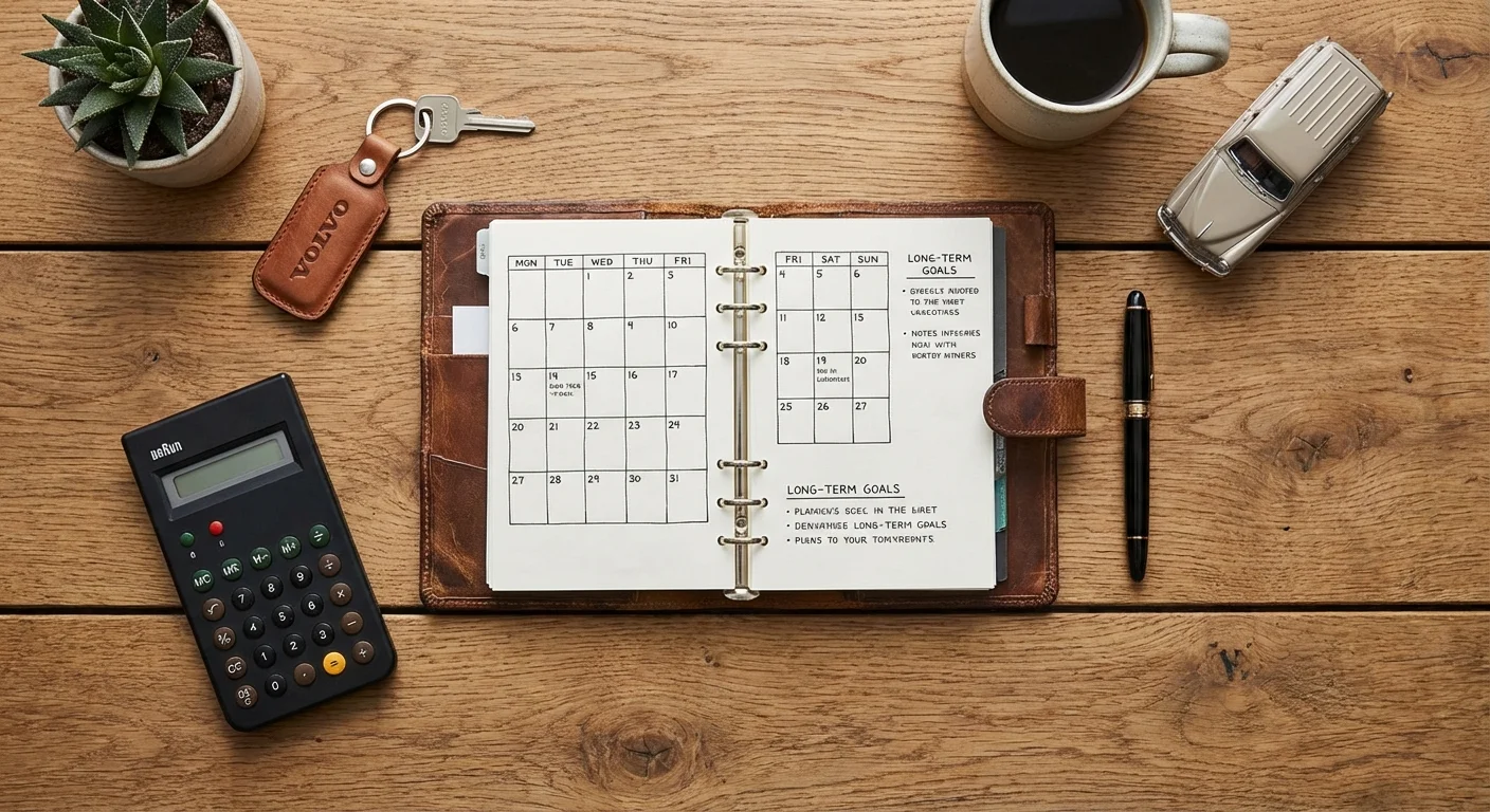 A professional flat-lay with a calculator, car keys, and a planner on a desk.
