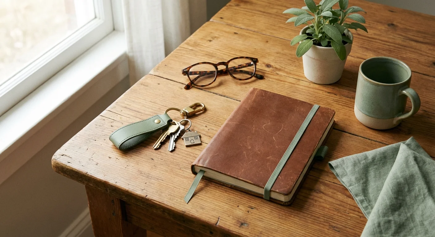 A minimalist flat lay of house keys and a notebook on a wooden surface.