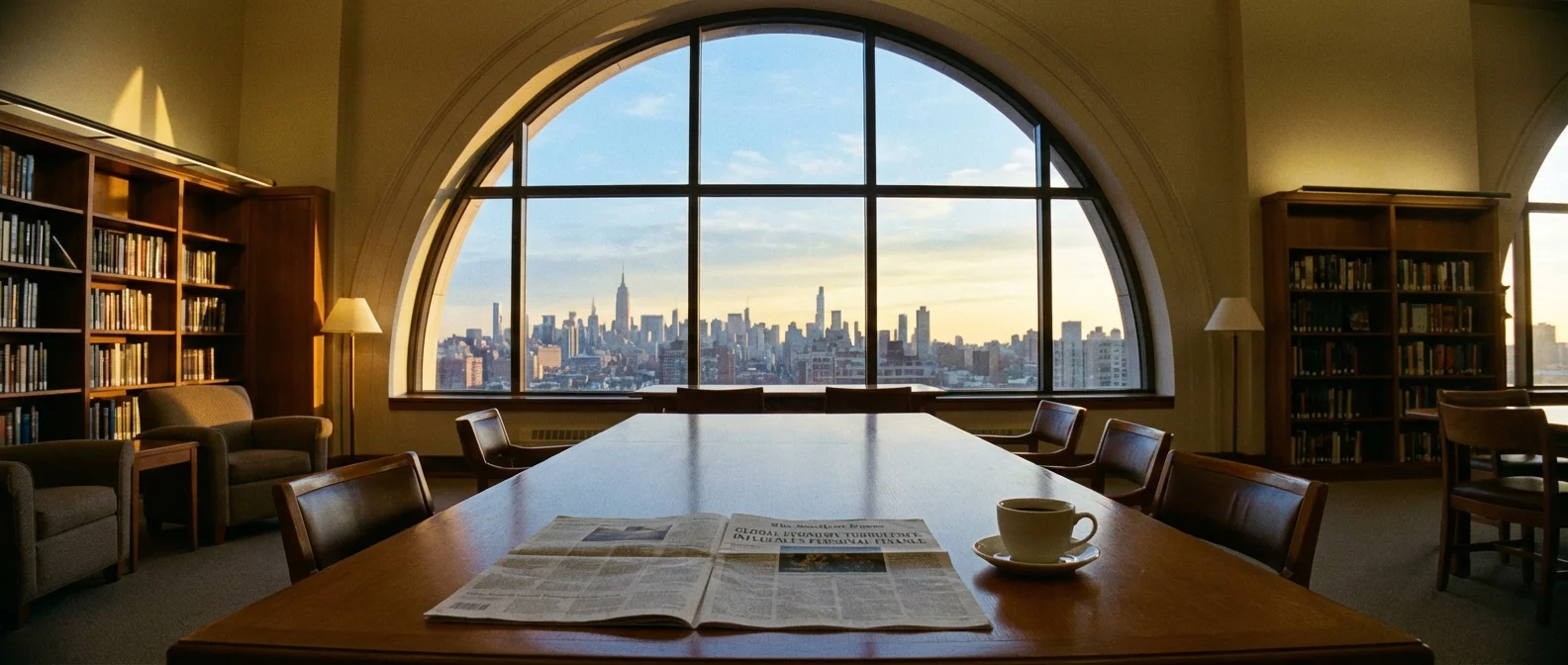A city skyline viewed through a window with a newspaper on a table, symbolizing the broader economy.