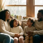 A happy family relaxing in a warm, sunlit living room, symbolizing home comfort and financial peace of mind.