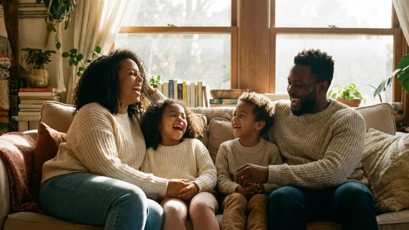 A happy family relaxing in a warm, sunlit living room, symbolizing home comfort and financial peace of mind.