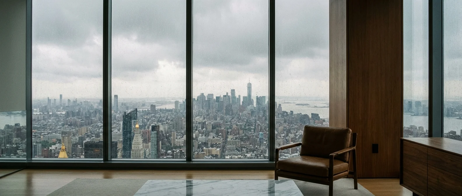 View of a dense city skyline through a window.