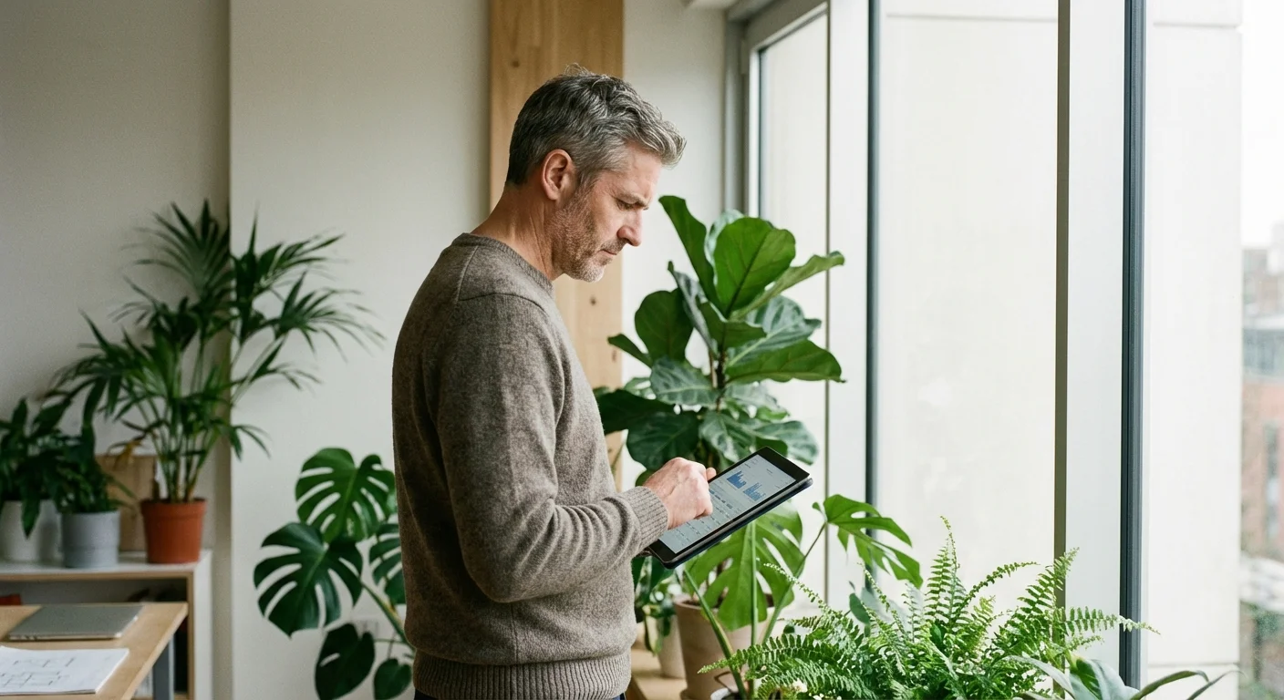 A man thoughtfully comparing options on a tablet in a bright room with plants.