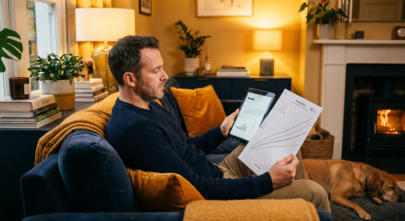 A man thoughtfully comparing financial options on a tablet and paper.