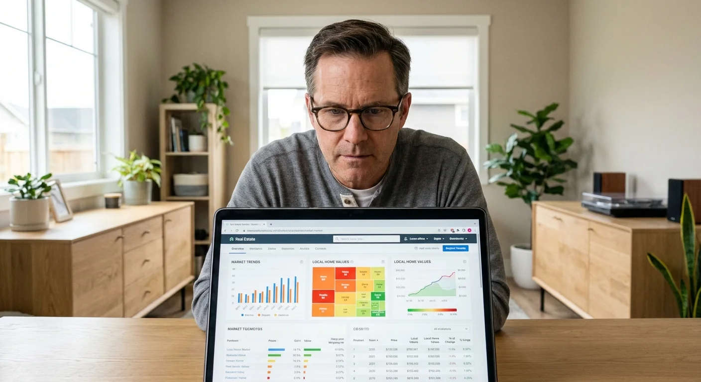 A person researching home prices on a laptop with data charts visible.