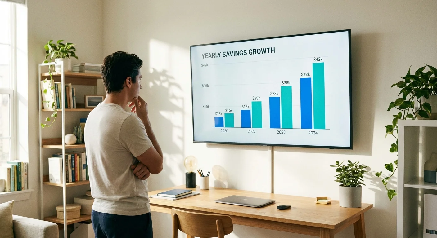 A person analyzing a bar chart of insurance savings on a large monitor.