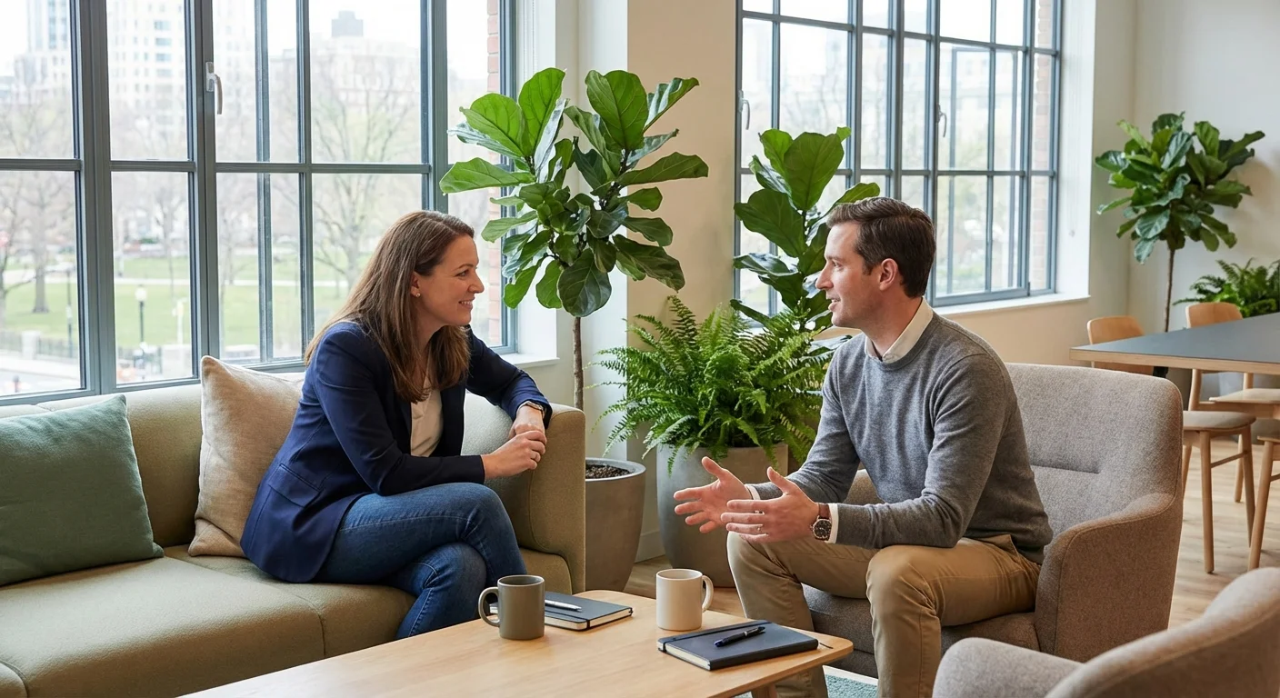 Two people having a professional conversation in a bright, modern office.
