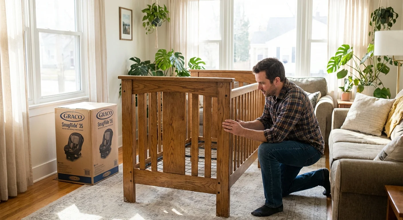 A father checking a used crib next to a new car seat box.