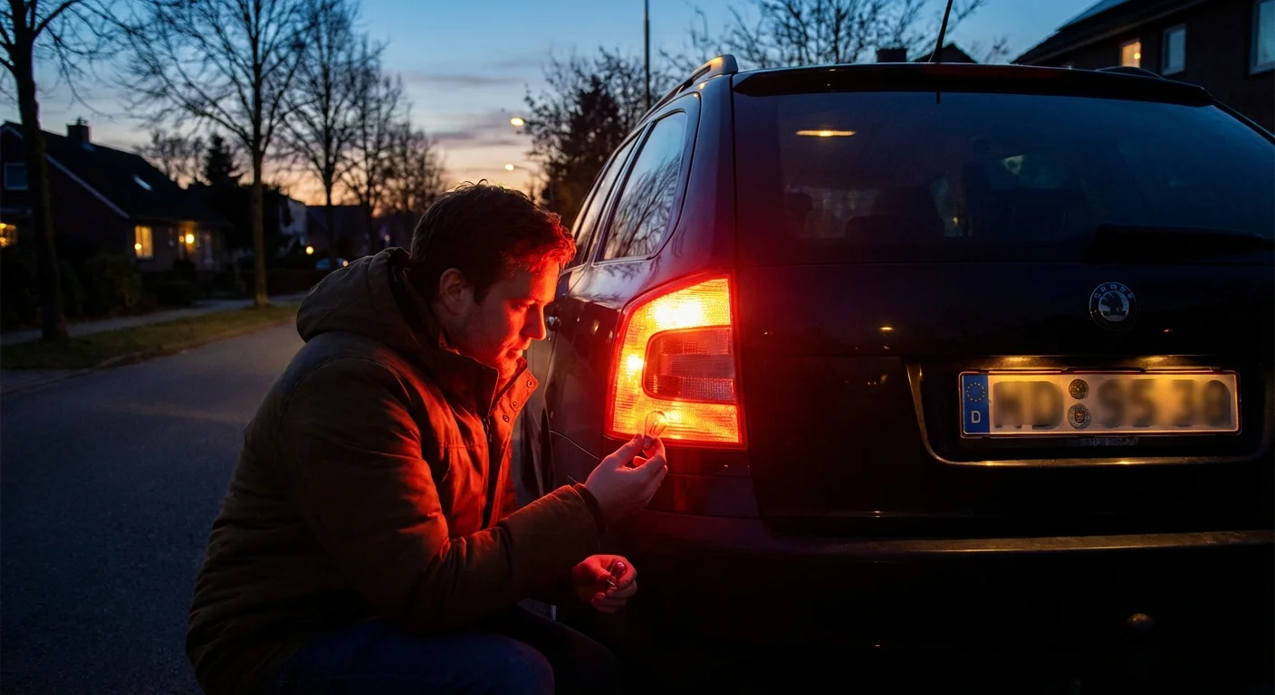 A person checking a car's taillight at dusk while holding a replacement bulb.
