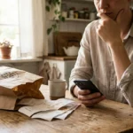 Man looking at smartphone with takeout bag and receipts on a wooden kitchen table.