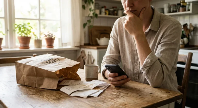 Man looking at smartphone with takeout bag and receipts on a wooden kitchen table.