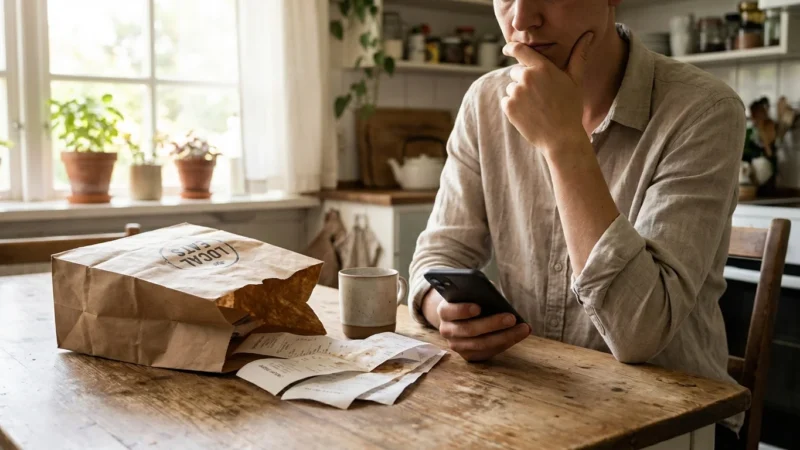 Man looking at smartphone with takeout bag and receipts on a wooden kitchen table.