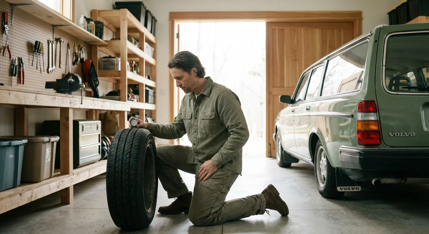 A man performing routine car maintenance in an organized garage.