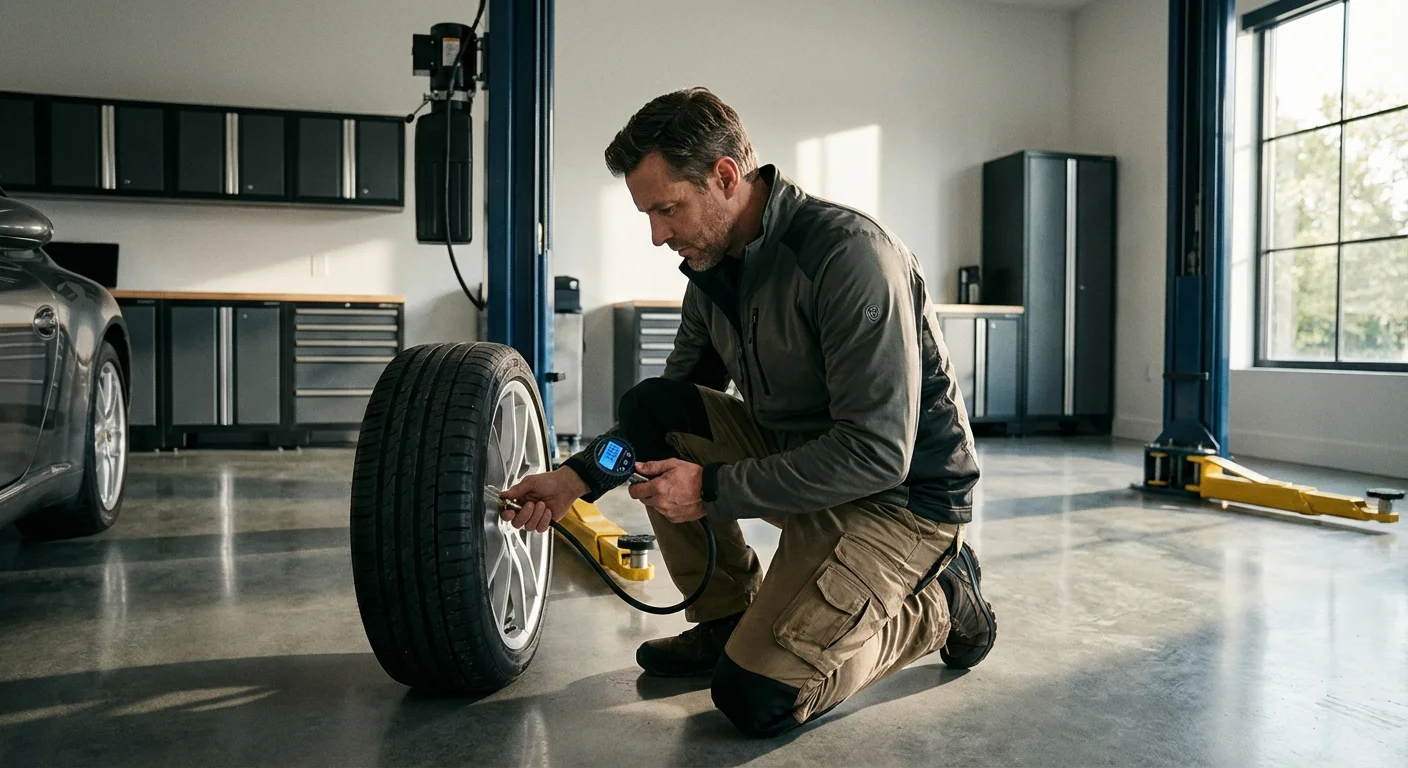 A man checking car tire pressure in a well-lit, organized garage.