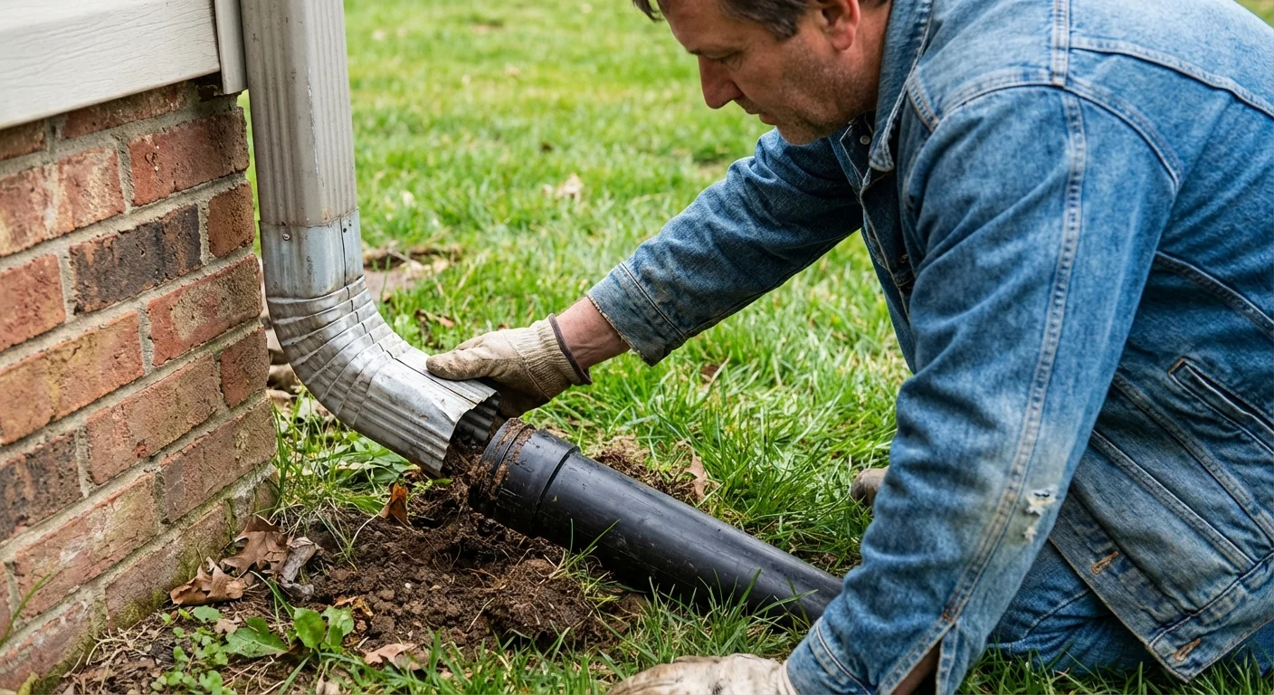 A close-up of a person inspecting a home's gutter downspout and foundation drainage.