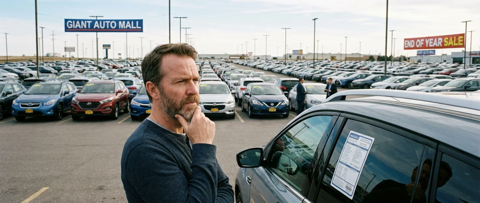 A person thoughtfully examining a car price sticker at a dealership.