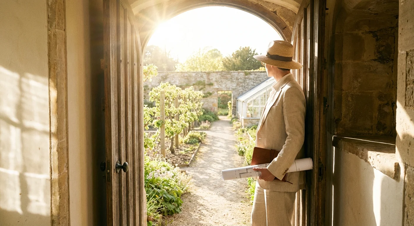 A person looking out an open door toward a sunny path, symbolizing the start of a journey.