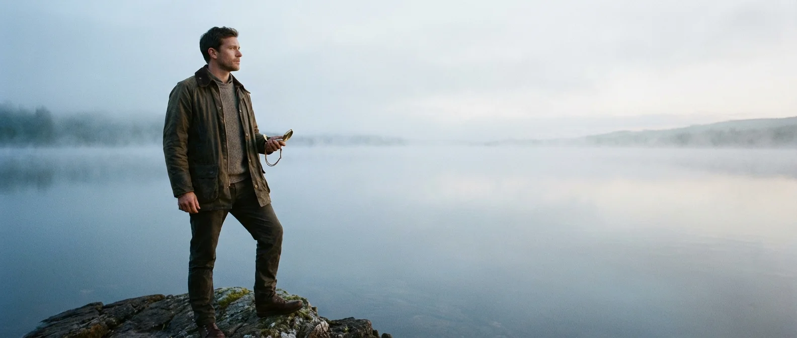 A person standing by a lake at dawn with a compass, representing the confidence of self-guided investing.
