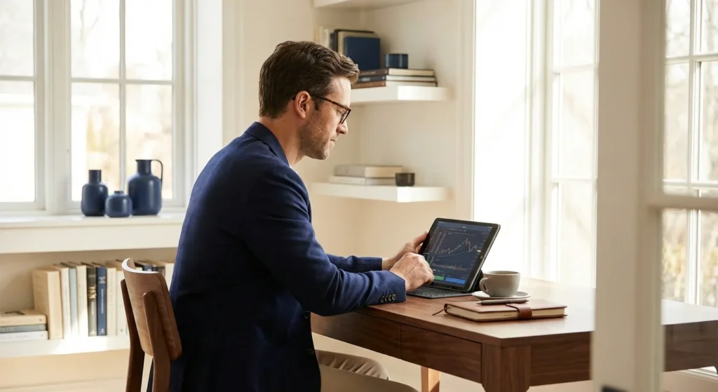 Businessman in glasses reviewing financial data on a digital tablet in a bright home office.
