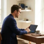 Businessman in glasses reviewing financial data on a digital tablet in a bright home office.