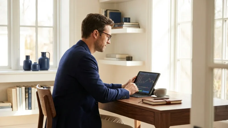 Businessman in glasses reviewing financial data on a digital tablet in a bright home office.