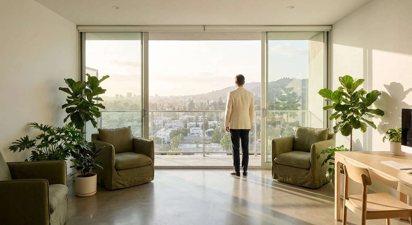 A professional looking out a large window, symbolizing long-term financial growth and scaling.