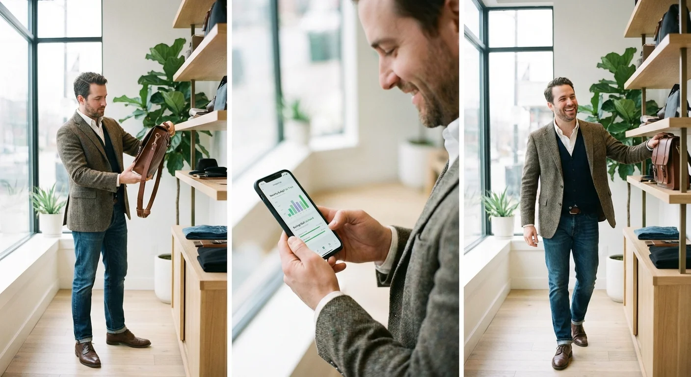 A man checking his phone budget app before deciding against a luxury purchase.