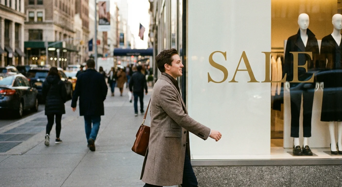 A person walking past a store sale sign with a focused and determined expression.