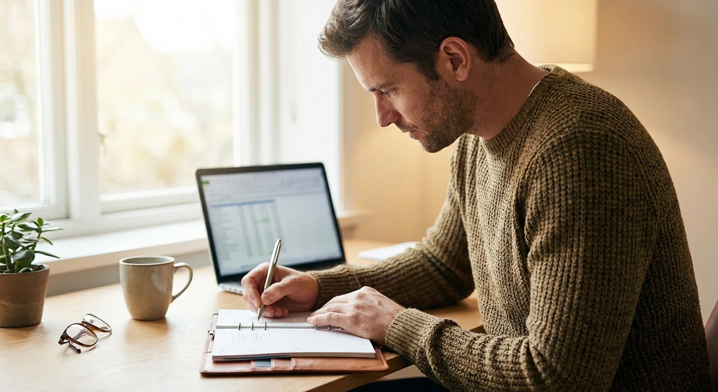 A man writing notes in a planner at a bright home desk, symbolizing the calculation of income.