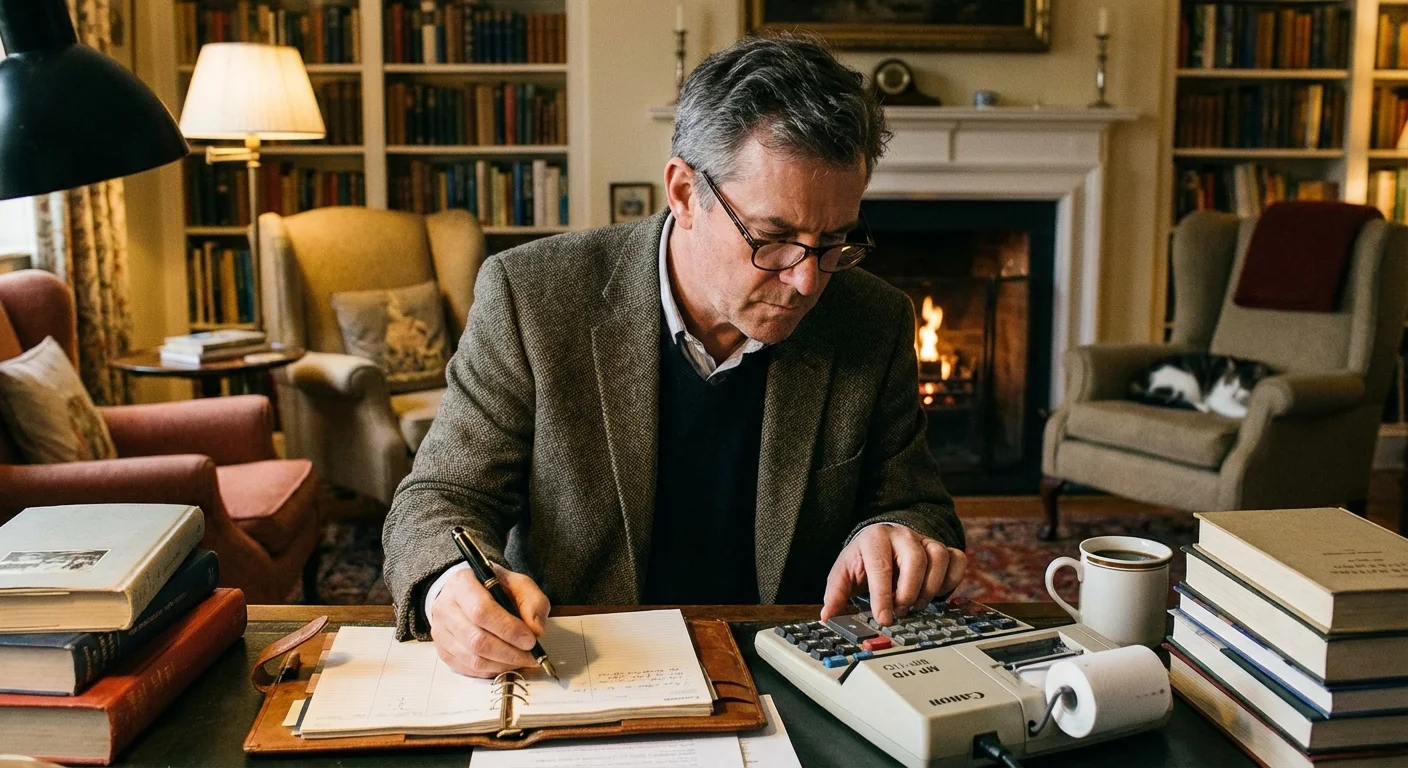 A man using a calculator and taking notes in a home library setting.