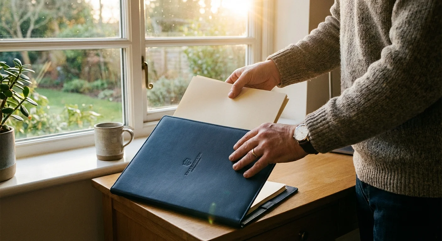 A person putting documents into a folder near a bright window.