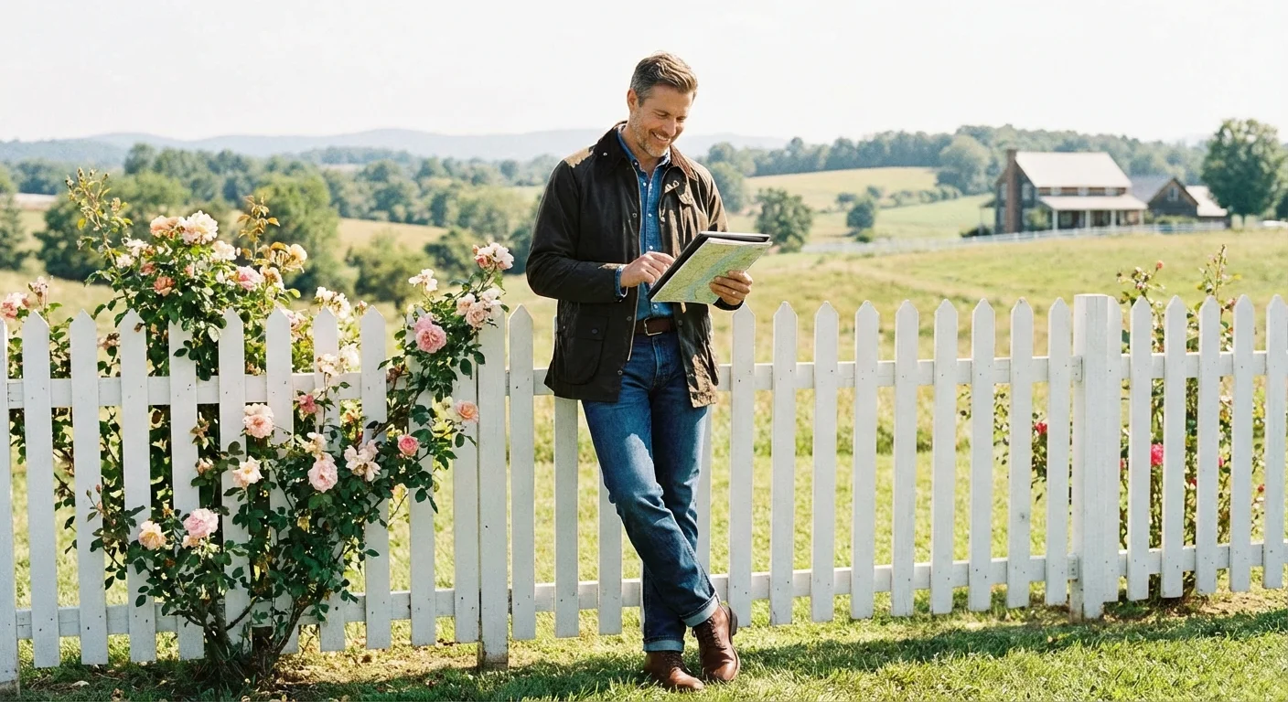 A man checking a map on a tablet near a suburban fence.