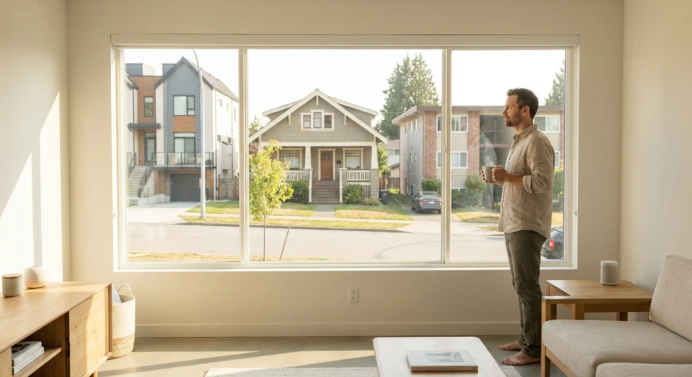 A man looking out a window at a neighborhood, symbolizing the choice and flexibility of the voucher program.