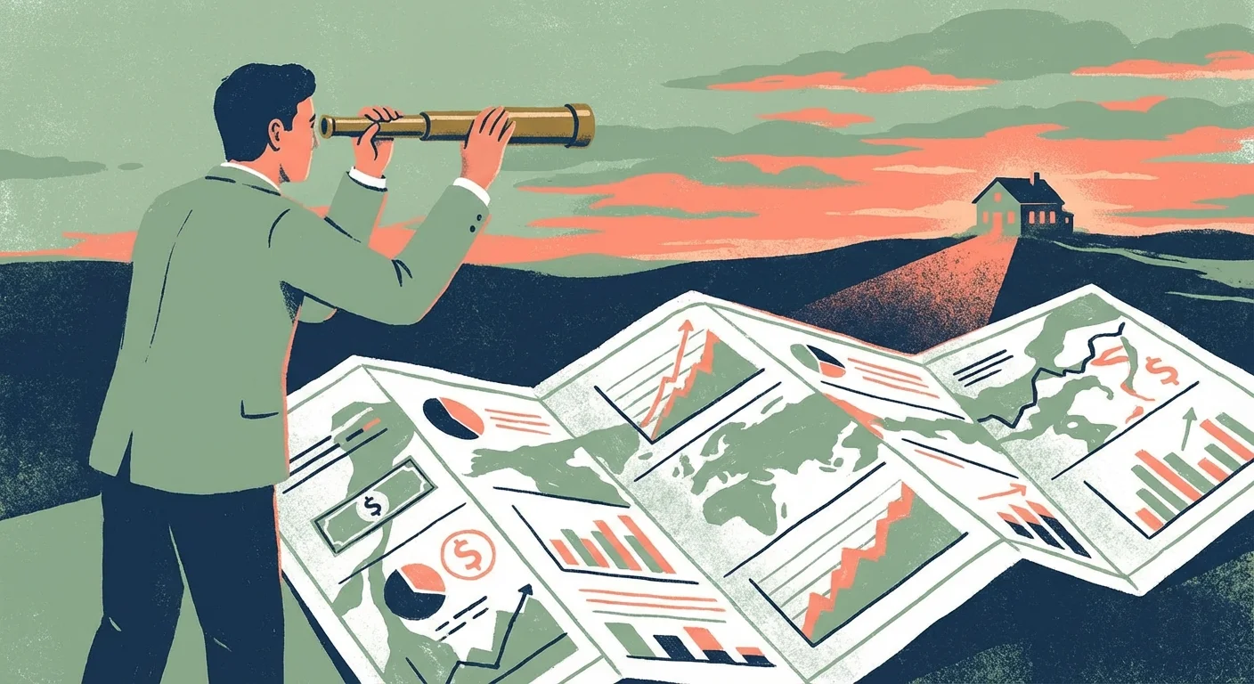 A person using a telescope to look at a distant home, symbolizing long-term goals.