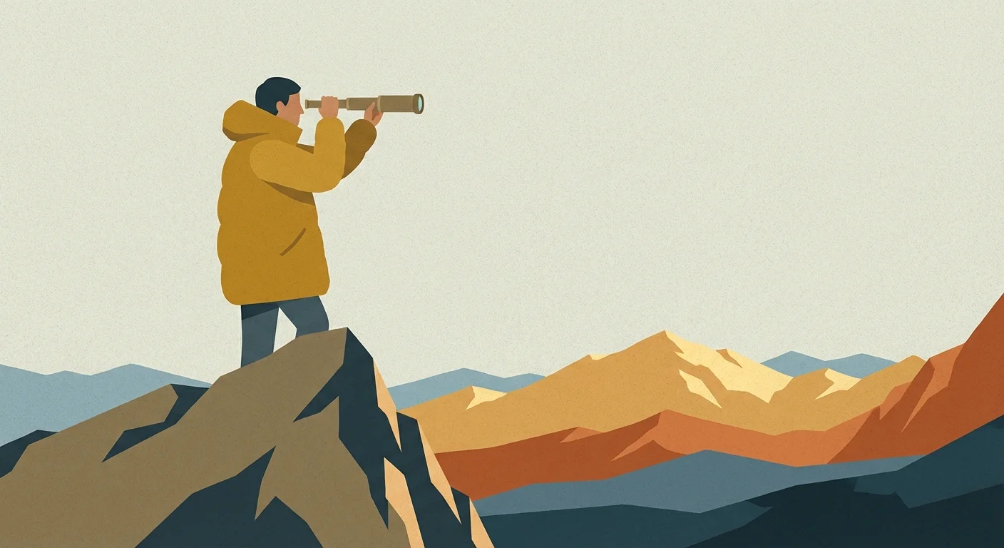 A person looking through a telescope at distant mountains, representing a long-term investment perspective.