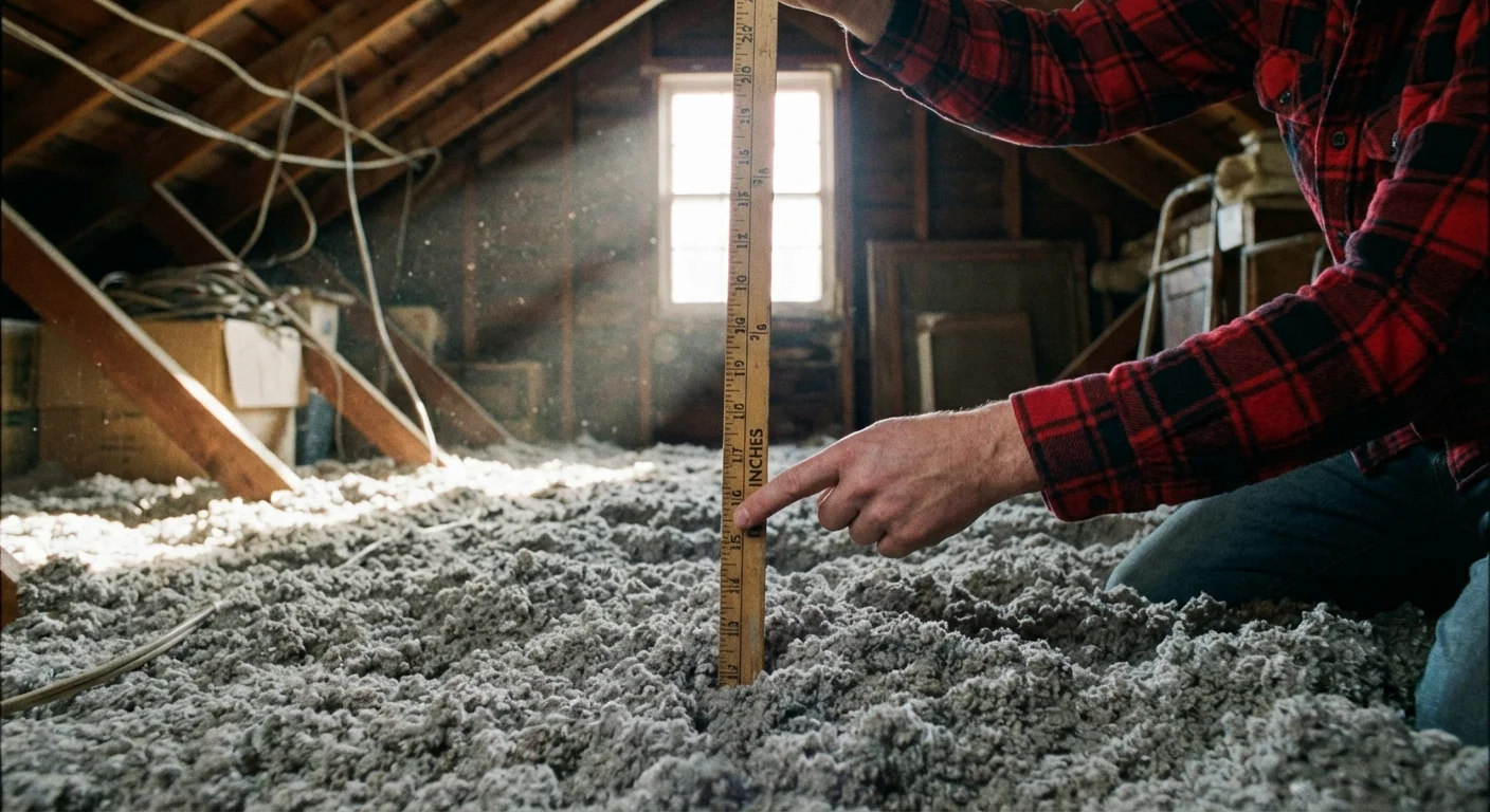 A homeowner measures attic insulation depth with a yardstick.